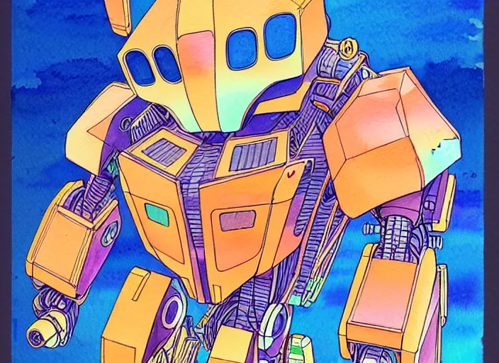 Image similar to a beautiful watercolor painting giant anthropomorphic hamster shaped mecha, moebius, detailed line art, gradient complementing colors