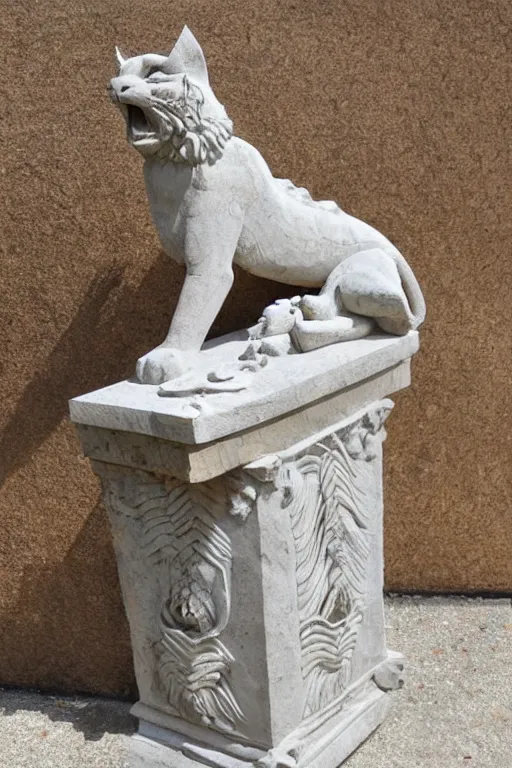 Image similar to a stone sculpture of a winged panther sitting on a pedestal with intricate carvings and fine detail