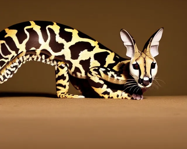 Image similar to an award winning photo of a serval - headed ball python, legless!!!!!!!!!, environmental portrait photography, national geographic, 4 k, sharp focus