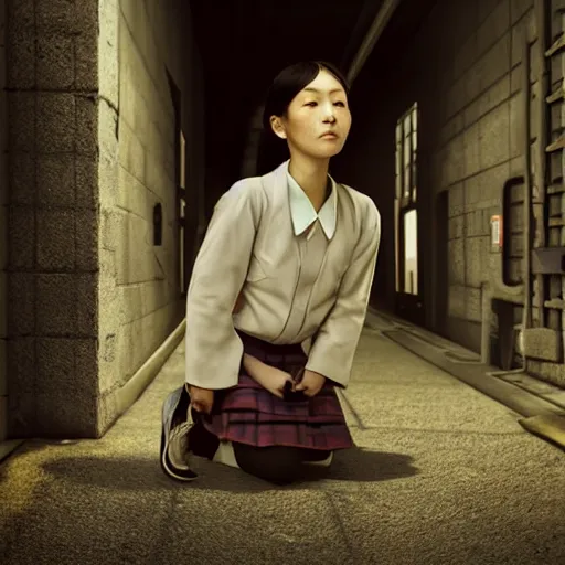 Image similar to perfect, realistic oil painting of japanese schoolgirl kneeling, in sci-fi dystopian alleyway, by an American professional senior artist, Hollywood concept, dynamic composition and motion, postproduction.