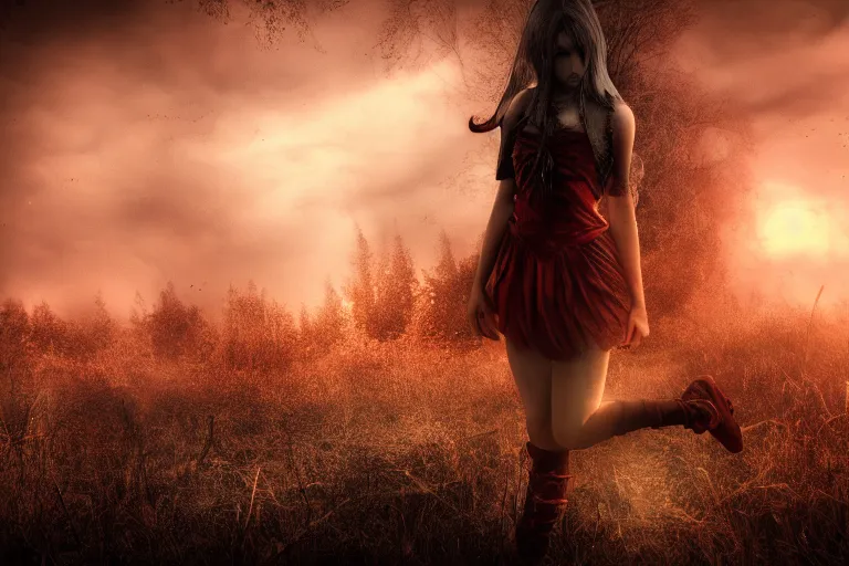 Prompt: girl blood, fantasy, dark, ultra realistic!!!, hdr, clear weather, golden hour, sharp focus