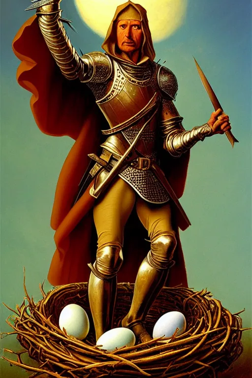 Prompt: classic oil painting, a medieval fantasy knight standing on a big empty bird nest, as a dnd character, surrounded by broken egg shells, cottagecore, highly detailed, digital illustration, concept art, smooth, sharp focus, art by tim hildebrandt, and leonardo da vinci