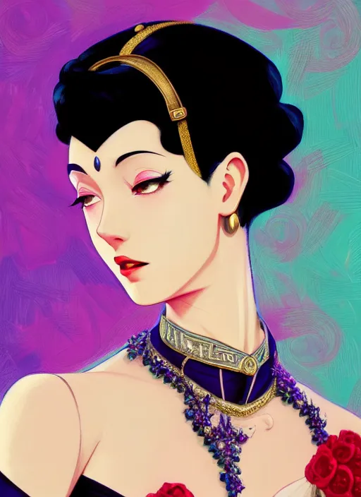 Image similar to a beautiful dancer with black hair in 1930's fashion, ballroom background, intricate, highly detailed, digital painting, artstation, official media, anime key visual, concept art, rich vivid colors, ambient lighting, sharp focus, illustration, art by Artgerm, Makoto Shinkai, Ilya Kuvshinov, Lois Van Baarle, and Rossdraws