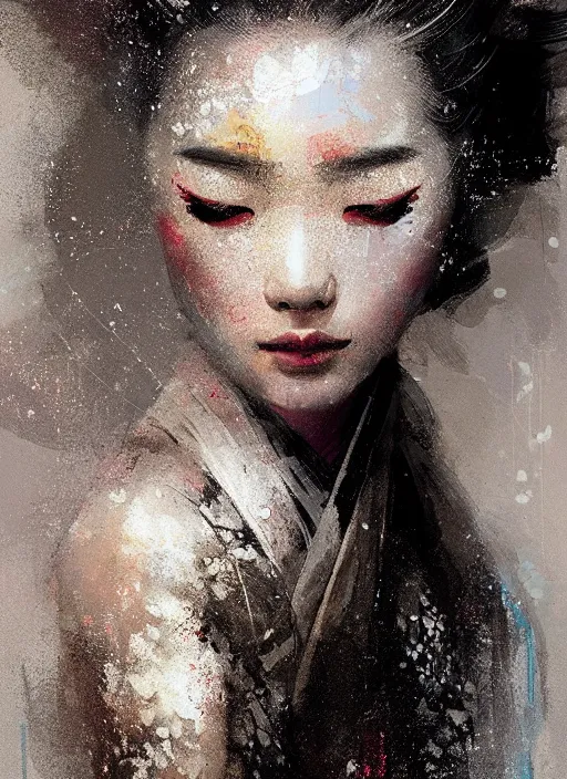 Image similar to female geisha girl, beautiful face, rule of thirds, intricate outfit, spotlight, by greg rutkowski, by jeremy mann, digital painting