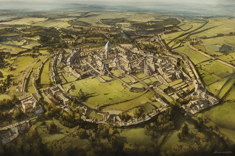 Prompt: old sarum, aerial view, art by artgerm and greg rutkowski and magali villeneuve