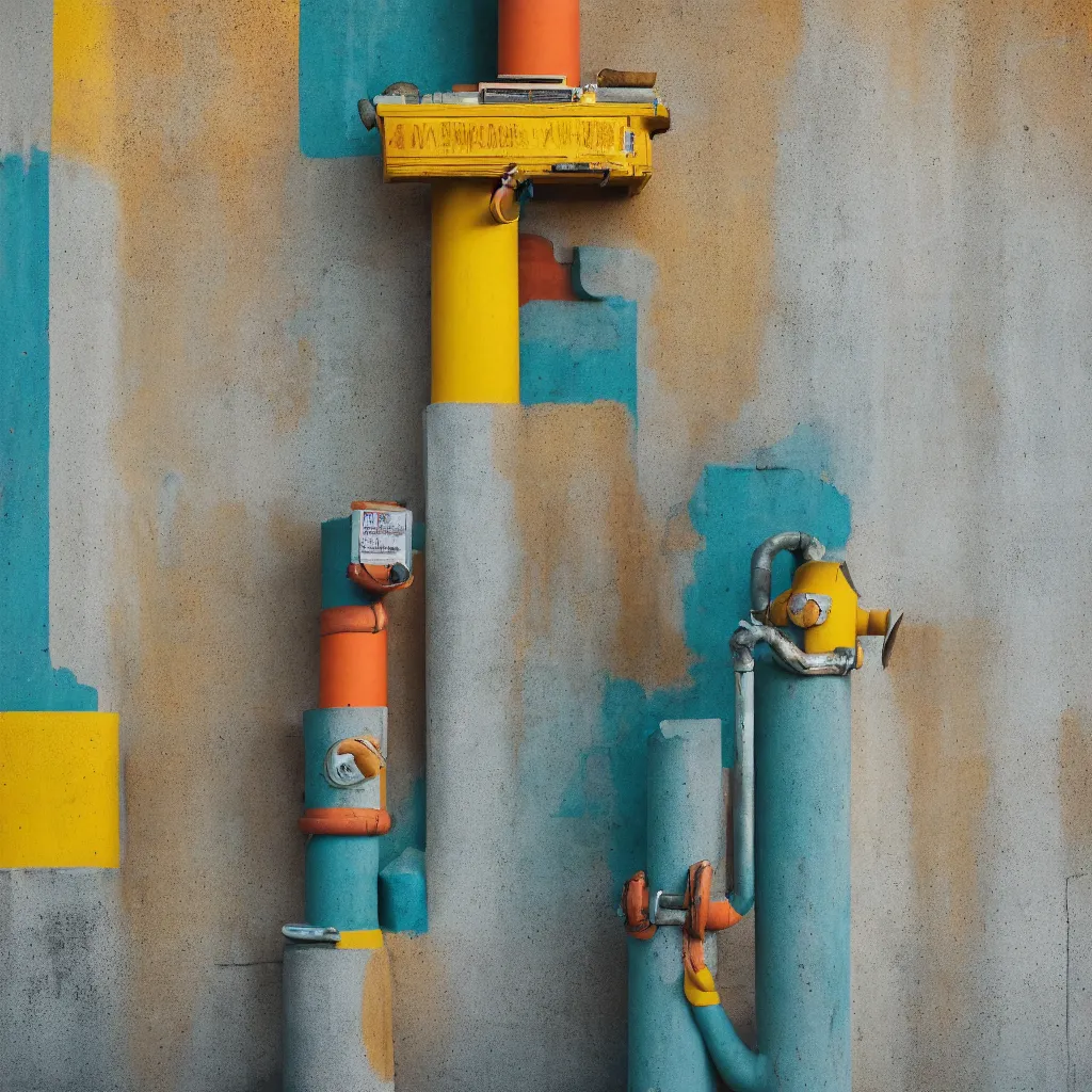 Image similar to kodak portra 4 0 0, 8 k, shot of a highly detailed, britt marling style, colour still - life portrait of a large pipe organ, rough concrete walls, a single rough carved wooden teal and orange striped coloured statue is standing on a concrete podest with a yellow crown on his head, muted colours