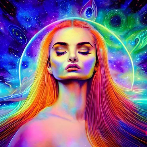 Prompt: a portrait of kim petras with her eyes closed, galaxy colored psychedelic chakra awakening kundalini ethereal vibes, transcending to a higher plane of existence, eternal blessing, multiverse, by android jones, by ben ridgeway, visionary art, by artgerm, featured on artstation, cgsociety, by greg rutkowski