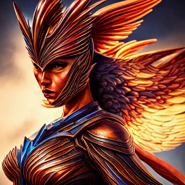 Image similar to phoenix warrior, artgerm, highly detailed, 8 k, hdr, close up, smooth, sharp focus, high resolution, award - winning photo