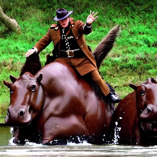 Prompt: a mountie!!!! riding on a hippo!!!!!!!