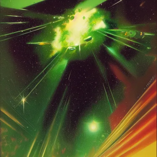 Prompt: Green nebula without planets, Syd Mead, John Harris, Federico Pelat,