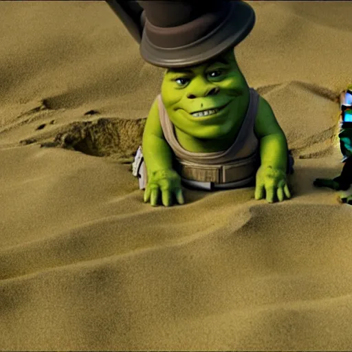 Image similar to zoomed - out movie still of star wars with shrek on the set, highly detailed, extremely high quality, hd, 4 k, 8 k, canon 3 0 0 mm, professional photographer, 4 0 mp, lifelike, top - rated, award winning, realistic, detailed lighting, detailed shadows, sharp, no blur, edited, corrected, trending