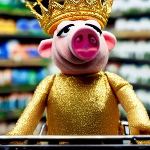 Image similar to muppet pig wearing a gold crown shopping at a grocery store 8k