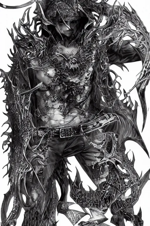 Prompt: a full body shot of a demon necromancer by Takeshi Obata,,wears shorts, wears a destroyed hat ,highly detailed,artstation,manga