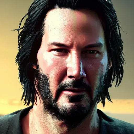 Image similar to a hyper real comic book style portait painting of keanu reeves in the stone age with dinosaurs, unreal 5, hyperrealistic, octane render, cosplay, rpg portrait, dynamic lighting