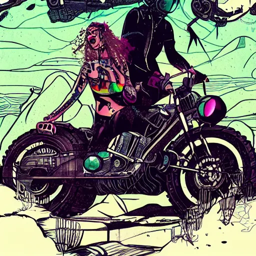 Prompt: a colorfully detailed comic noir illustration of a hot tattooed women riding a motorcycle through a post-apocalyptic desert by Queens of the Stone Age and sachin teng, dark vibes, street art, cinematic, high contrast, depth of field