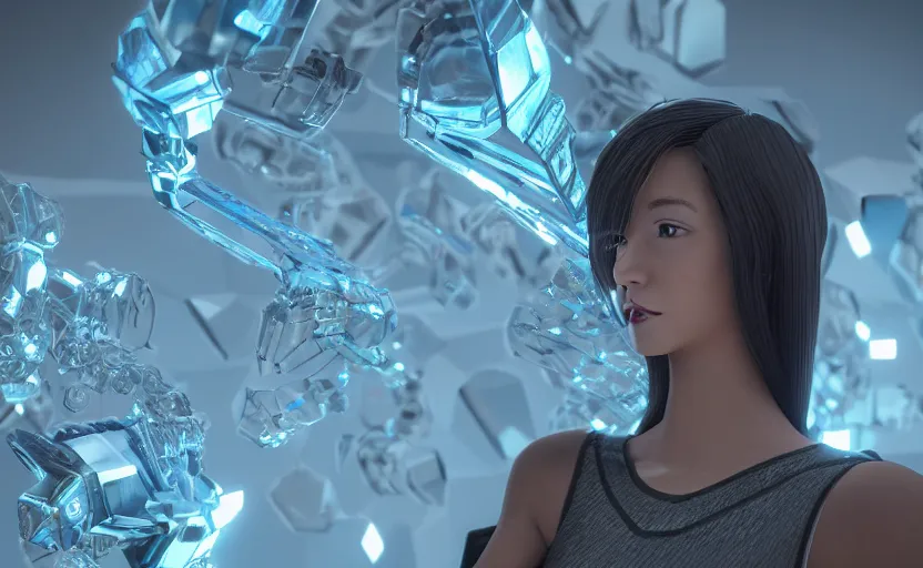 Prompt: young female agi in her 20s made out of low poly, kevlar, octa core, watercooled plates with crystal elements as a power source with an arctic-based, geometric backdrop; led, robotic, abstract, front profile shot, cycles render, 4k