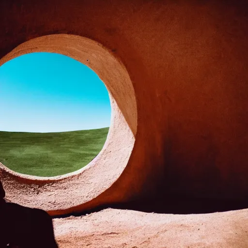 Prompt: a man wearing a green hoodie sitting outside a Non-Euclidean orb-like clay house sitting in the desert, vintage photo, beautiful cinematography, blue sky, film grain, wide angle, far away, James Turrell