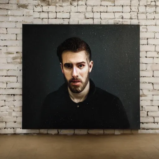 Prompt: A double exposure of a 4x5 styled portrait of a man coupled with an abstract oil-on-canvas painting, bokeh, shallow depth of field, dreamy, fog