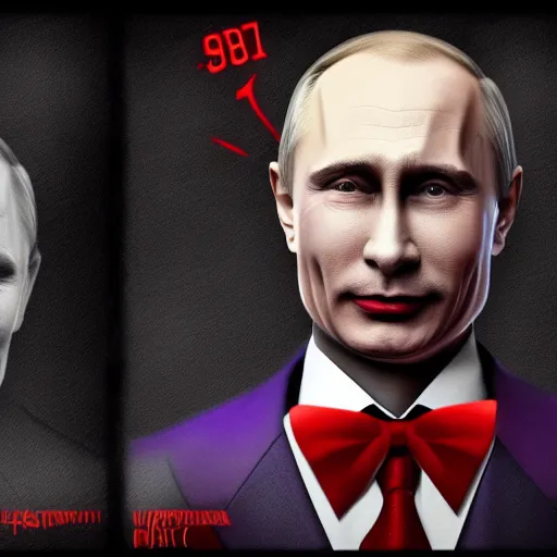 Image similar to Vladimir Putin is The Joker, hyperdetailed, artstation, cgsociety, 8k