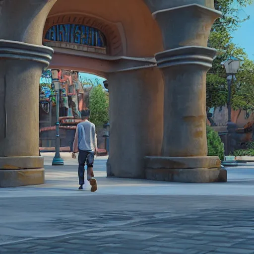 Image similar to Man in ragged clothes walking through the entrance of a desolate Disney Park, hyperrealistic, unreal engine 5