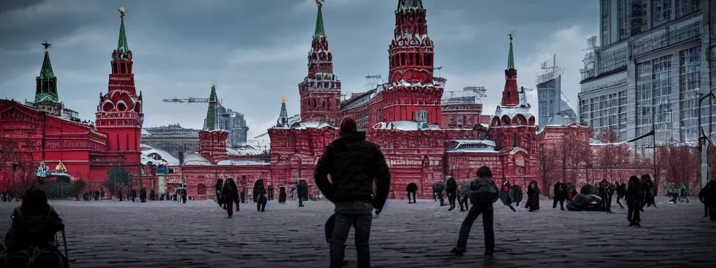 Prompt: alien predator attacks moscow red square. extreme long shot. cyberpunk