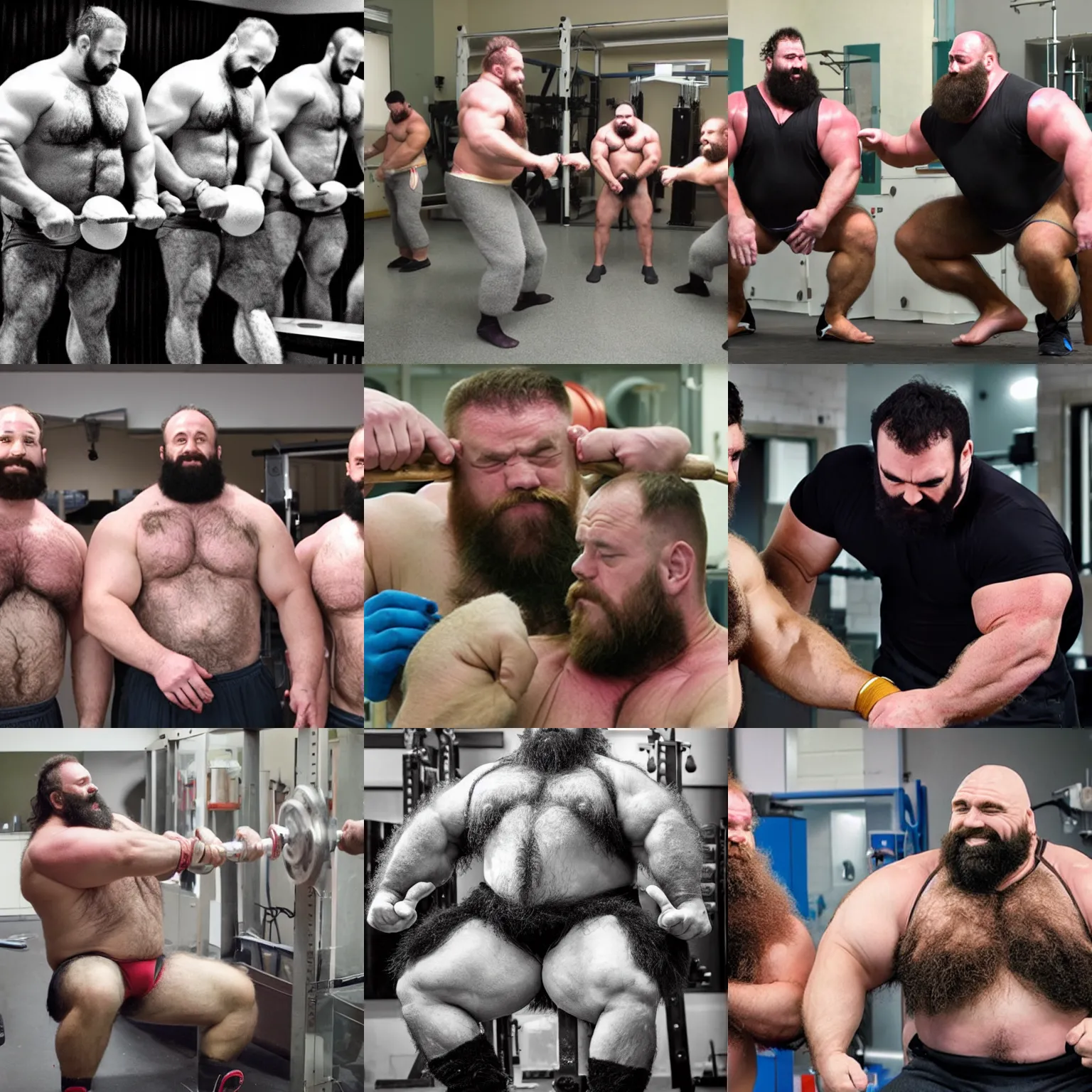 Prompt: burly hairy strongmen cloning in a laboratory