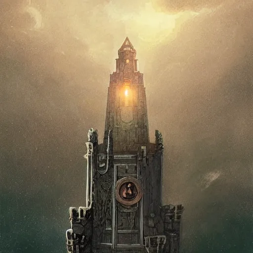 Image similar to an ultra detailed tarot card of a lonely and impossibly tall ominous dark tower elevated high above the city, on an isolated plateau island in a river elevated high above the city fortress tower, fantasy capital city, ultrawide lense, aerial photography, volumetric lighting, exquisite detail, 8 k, art by artgerm and greg rutkowski and alphonse mucha