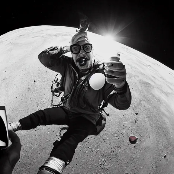 Prompt: robert downey jr eating a hot dog on the moon, dynamic lighting, gopro selfie with a fisheye lense