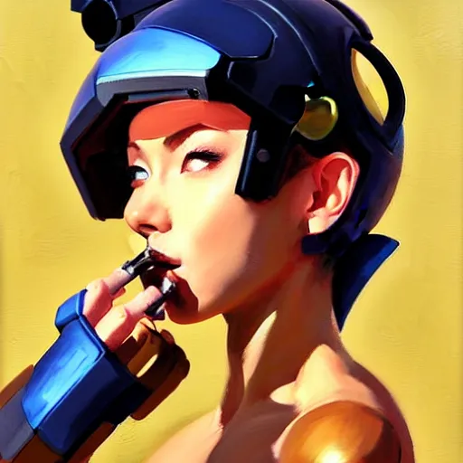 Image similar to Greg Manchess portrait painting of Samus Aran as Overwatch character smoking a cigarette, medium shot, asymmetrical, profile picture, Organic Painting, sunny day, Matte Painting, bold shapes, hard edges, street art, trending on artstation, by Huang Guangjian and Gil Elvgren and Sachin Teng