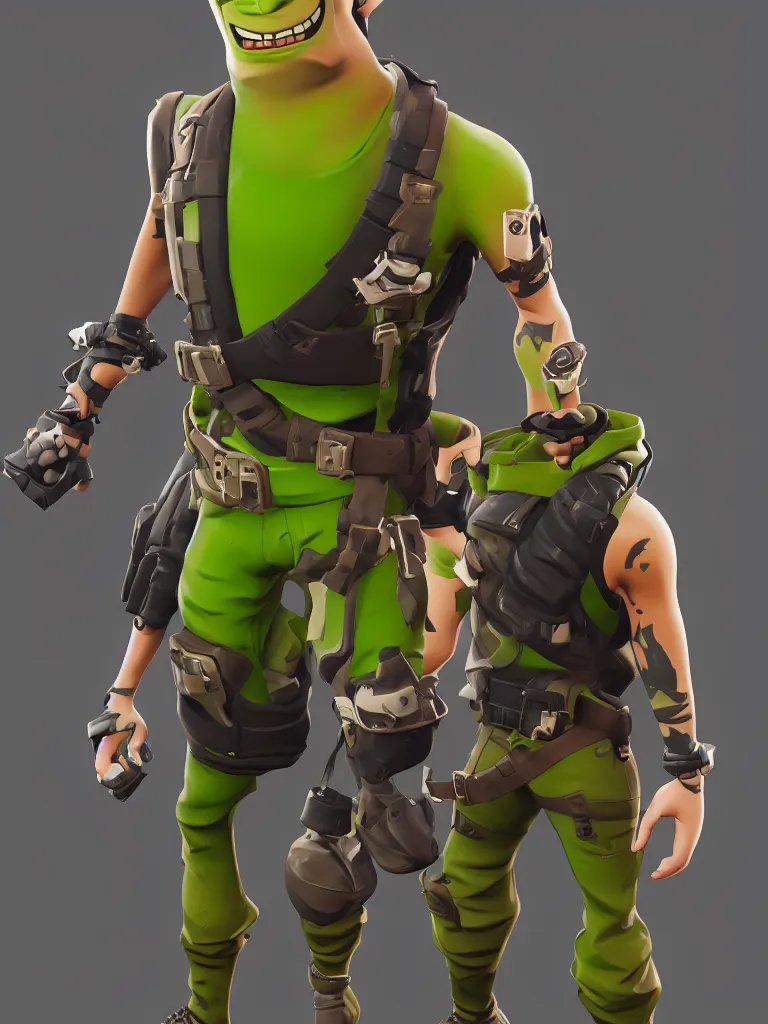 Image similar to fortnite character anthropomorphic pickle with kind eyes and a derpy smile. wearing a flak jacket ammo bandolier cargo pants black combat boots. fortnite, unreal engine, highly detailed