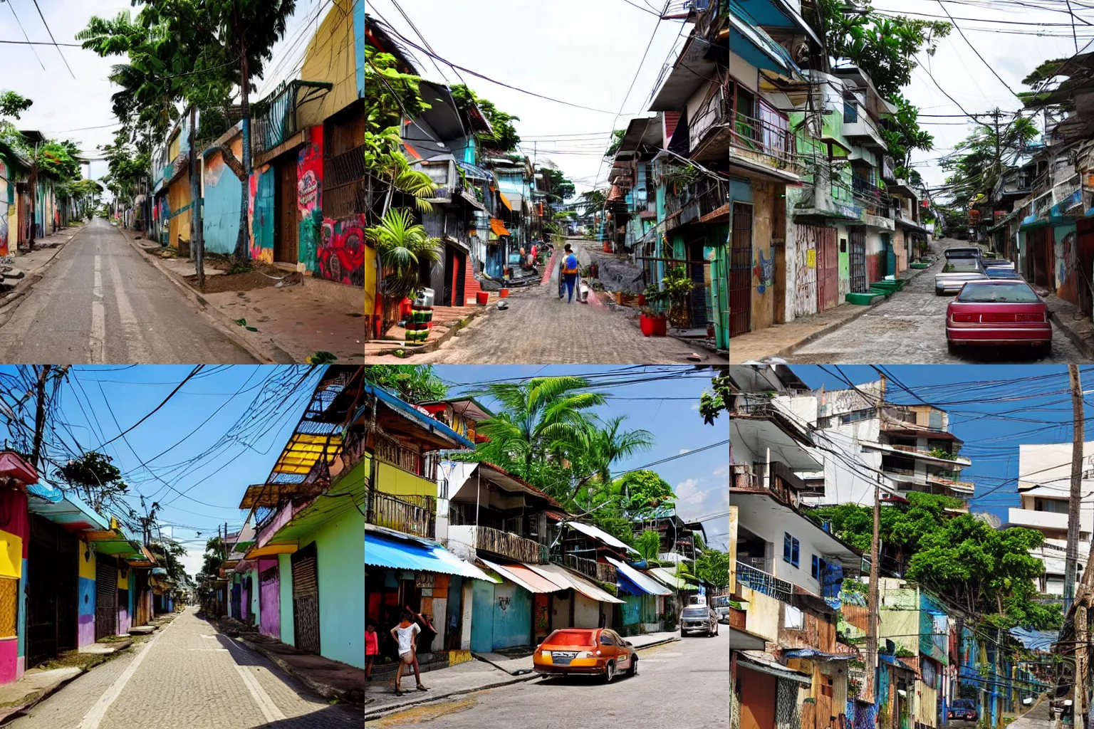Prompt: a Brazilian Favela with wide sidewalks, nice trees on the sidewalk, luxury cars in the street, clean sidewalk