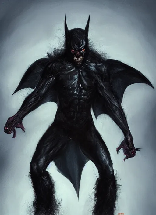 Prompt: sinister male, concept art, horror, body is covered in bat - fur, he has wings and flies on a moonlit night, dynamic pose, top lighting, realistic shaded, pastel shades, expressively loose brush strokes, perfect face, 8 k realistic, hyper detailed, digital painting, artstation, art by michael whelan