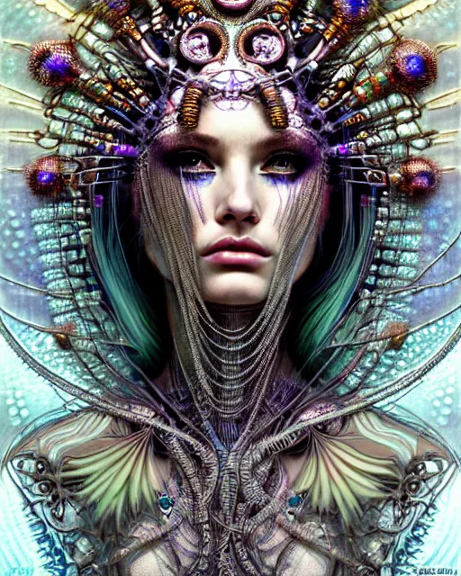 Image similar to hyperrealistic detailed portrait of a beautiful goddess in a cyber headdress, intricate cyberpunk make - up, art by android jones, ernst haeckel, nekro borja, alphonso mucha, h. r. giger, ornamental gothic - cyberpunk,