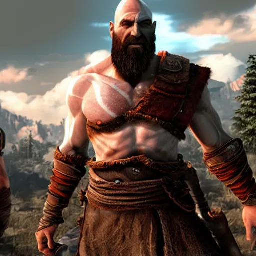 Image similar to screenshot of the game God of War with Kratos and walter white