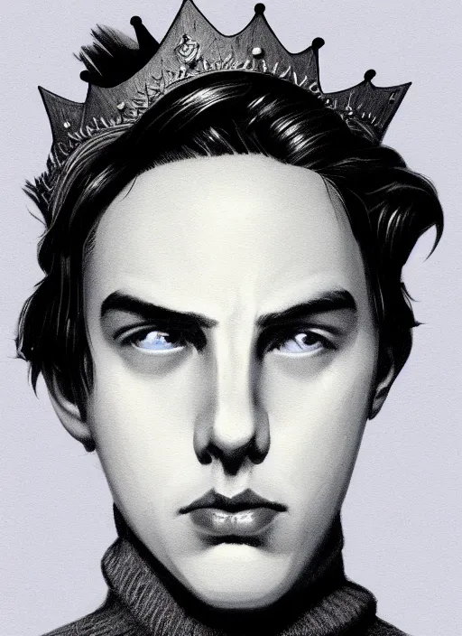 Image similar to portrait of teenage jughead jones wearing a light grey crown, crown, blue turtleneck, 1 9 5 0 s, closed eyes, photorealistic, black hair, glowing lighting, intricate, elegant, glowing lights, highly detailed, digital painting, artstation, concept art, smooth, sharp focus, illustration, art by wlop, mars ravelo and greg rutkowski