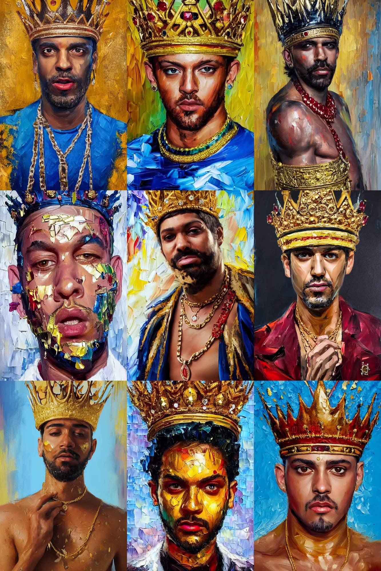 Prompt: palette knife oil painting portrait of jay -, a king - with gold crown with diamonds and rubies, man in mafia wear and australian aboriginal body paint, concrete balcony, nightclub, artstation trending, artgerm, any racial background, deviant art, hipster, octane, substance, art history 8 k