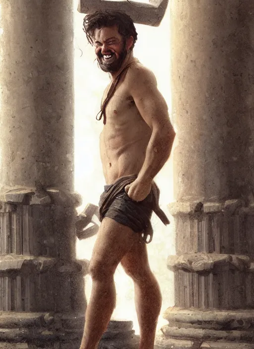 Prompt: illustration of young tim robbins with dark brown hair and a big bushy beard, big muscles, holding a greek column on his shoulder and grinning by greg rutkowski, bayard wu