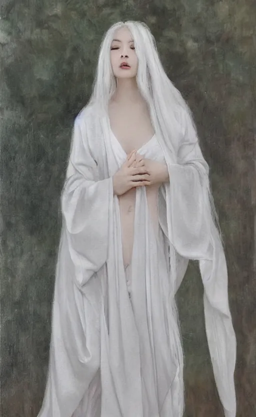 Prompt: angelic beauty with silver hair so pale and wan! and thin!?, flowing robes, covered in robes, lone pale asian white goddess, wearing robes of silver, flowing, pale skin, young cute face, covered!!, clothed!! lucien levy - dhurmer, jean deville, oil on canvas, 4 k resolution, aesthetic!, mystery