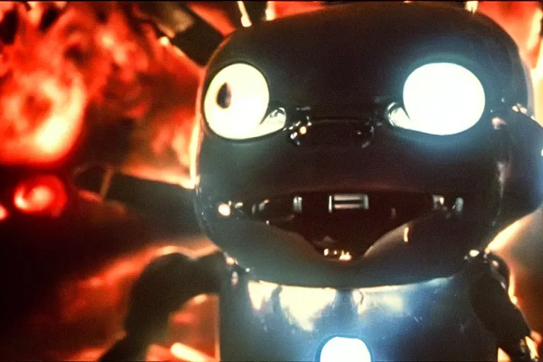Image similar to Terminator Pikachu scene where his endoskeleton gets exposed and his eye glow read still from the film
