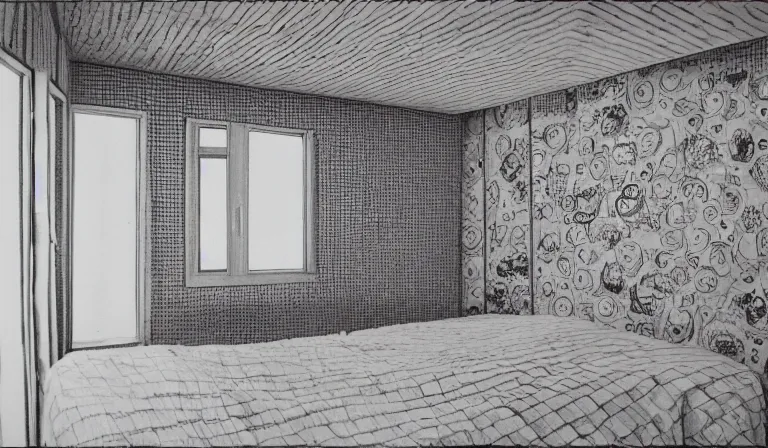 Prompt: A bedroom designed by Junji Ito, 35mm film, long shot