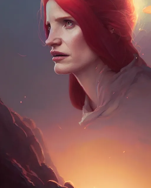 Image similar to portrait of jessica chastain, unreal engine, fantasy art by greg rutkowski, loish, rhads, ferdinand knab, makoto shinkai and lois van baarle, ilya kuvshinov, rossdraws, tom bagshaw, global illumination, fan art, radiant light, detailed and intricate environment