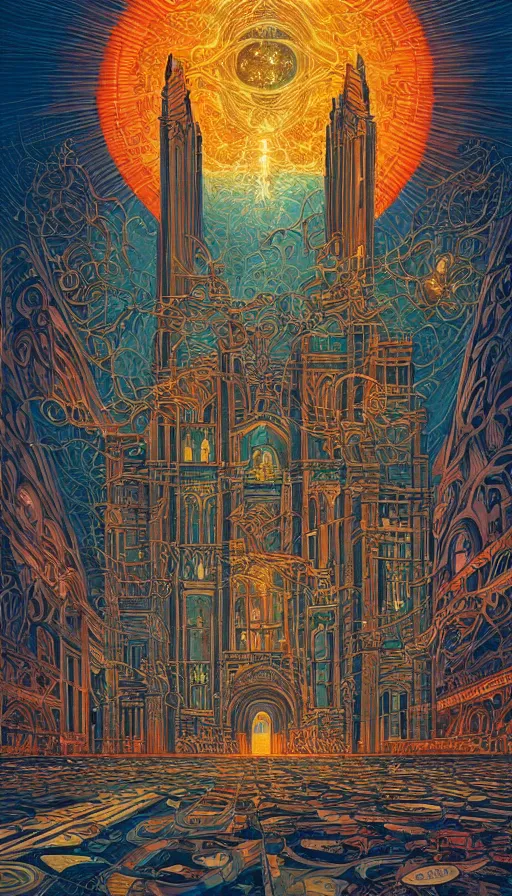 Prompt: The cathedral of ancient prophecies and wisdom, italian futurism, Dan Mumford, Josan Gonzalez