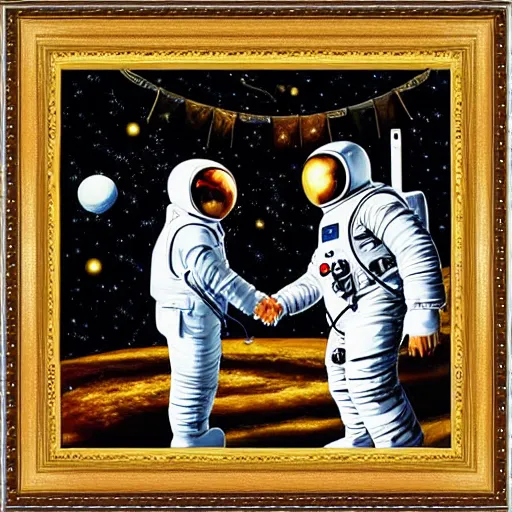 Image similar to set of painting, art noveau, astronauts, with a golden frame