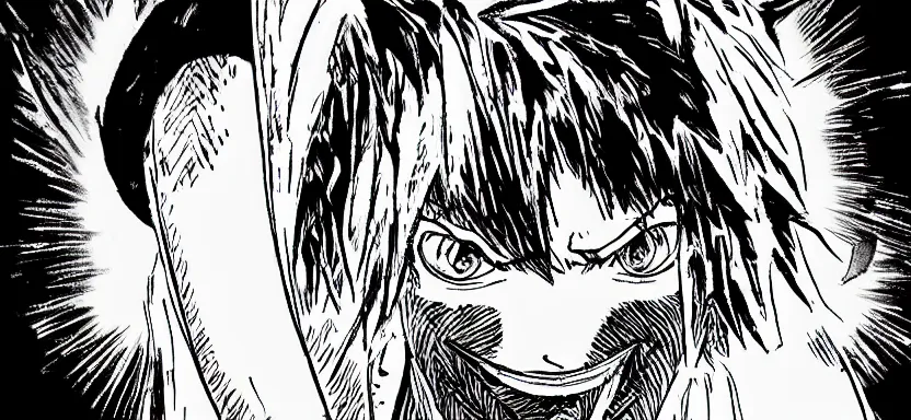 Prompt: “ luffy, berserk manga, side shot, 8 k resolution, high detailed ”