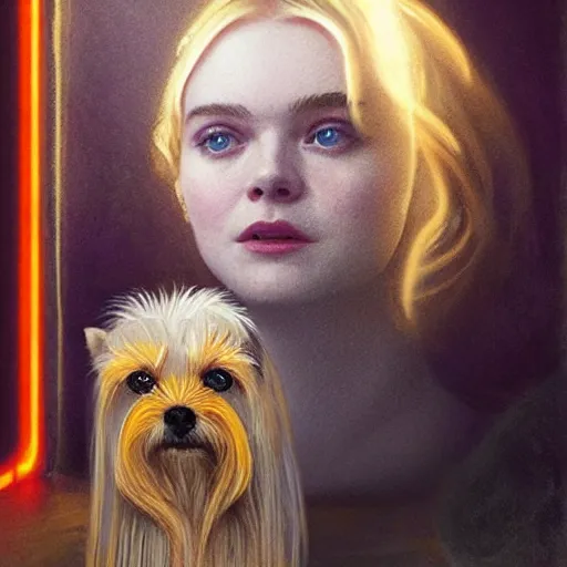 Image similar to Elle Fanning at sea holding a Yorkshire Terrier in the style of Lady with an Ermine, head and shoulders portrait, stormy weather, extremely detailed masterpiece, oil on canvas, low-key neon lighting, artstation, Blade Runner 2049, Roger Deakin’s cinematography, by J. C. Leyendecker and Peter Paul Rubens and Edward Hopper and Michael Sowa,