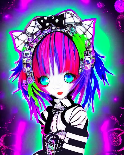 Prompt: emo jester moe anime girl figurine, in neo tokyo hong kong, kawaii decora rainbowcore, vhs monster high, glitchcore witchcore, checkered spiked hair, pixiv, a mage witch hacker hologram by penny patricia poppycock, pixabay contest winner, holography, irridescent, photoillustration, maximalist maximalism vaporwave, serial experiments lain
