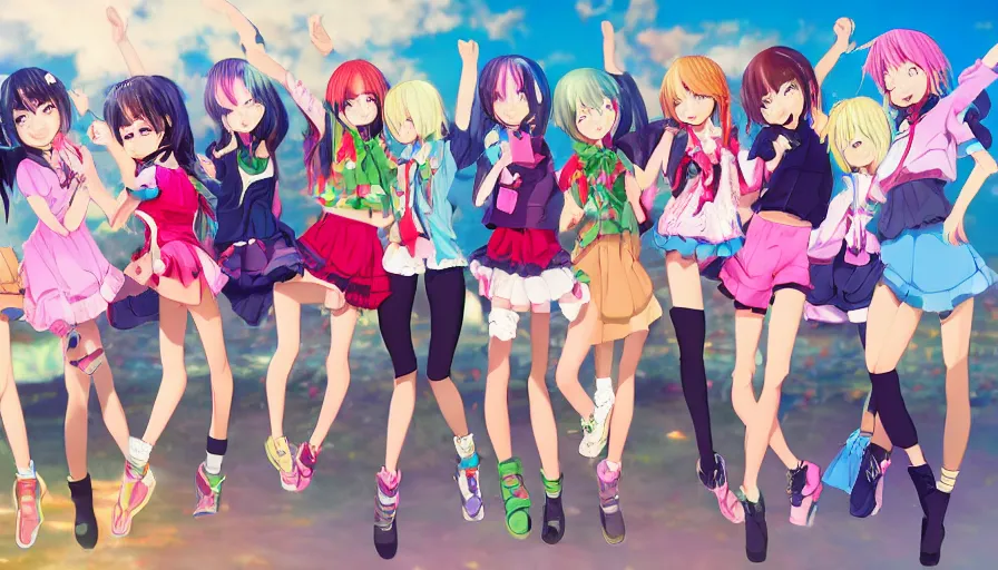 Image similar to group of cute anime characters jumping, colorful outfits, realistic face, detailed face, detailed eyes, short miniskirts, lightly dressed, ultra detailed digital art, hyper real, detailed, group photo, ultra detailed, ground up angle