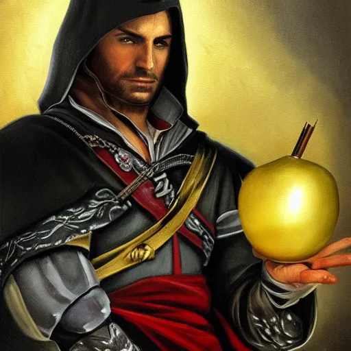 Image similar to painting of ezio auditore holding a golden apple