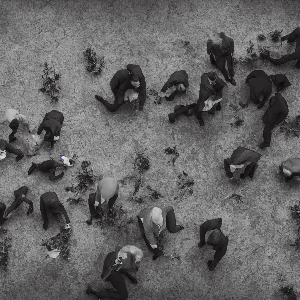 Prompt: In a purple foggy office with oil spill, masked group of men in gray suits look at stones, rocks,, peebles and dried plants in the style of David Lynch, photo real, canon 5D