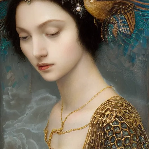 Image similar to highly detailed portrait of a beautiful cute girl with birds, endless black hair, with pale skin, fibonacci, fragile, sitted on an intricate stone throne by nicola samuri, by dino valls, m. w. kaluta, rule of thirds, seductive look, 4 k resolution